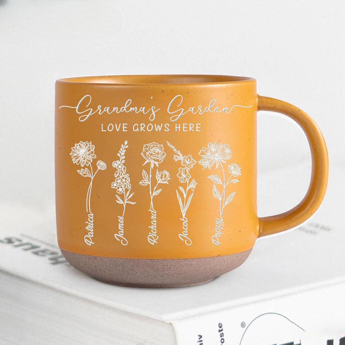 Personalized Mom's Garden Birth Month Flowers Pottery Mug With Kid's Names, Mom's Garden Coffee Mug, Mother's Day Gift