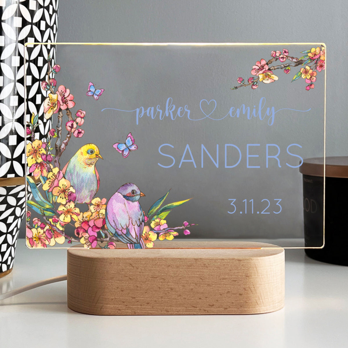 Personalized Acrylic Night Light, Custom Printed Cherry Branch, Anniversary Gift, Newlywed, Couple Gift, Engagement Present, LED Nightlight