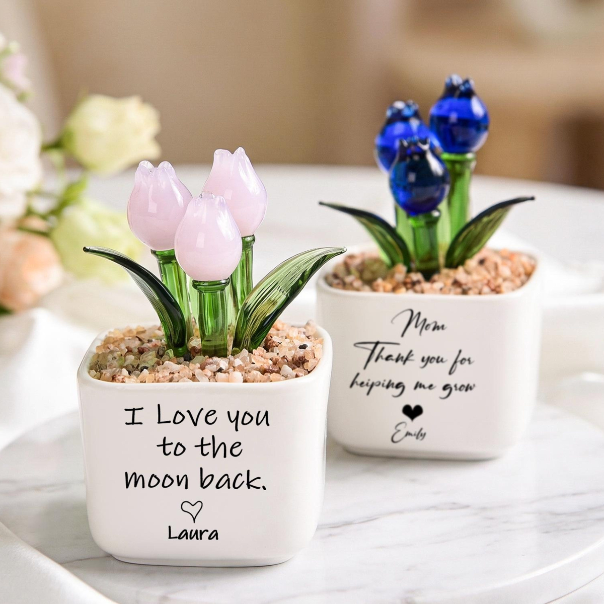 Glass Tulip Gift for Mom, Personalized Glass Flower Pot, Mother's Day Gift, Custom Everlasting Floral Desk Decor