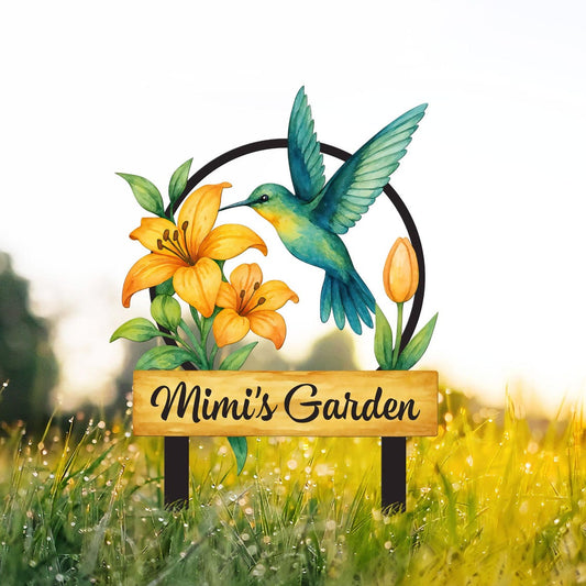 Custom Hummingbird Metal Garden Sign, Bird with Stakes Garden Decor, Mother's Day Gardening Gift, Nana's Blessings, Gardener Name Sign