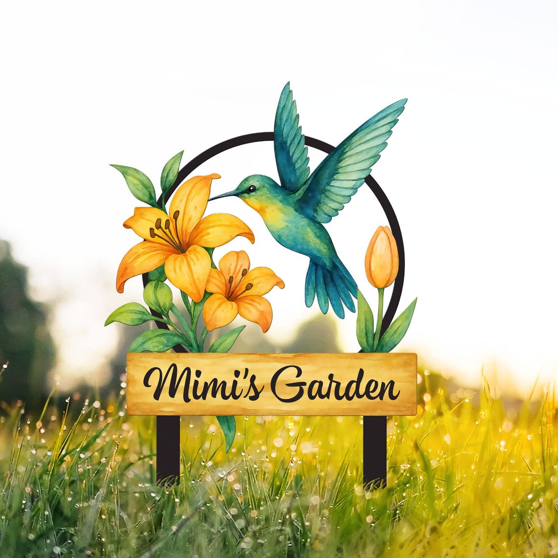 Custom Hummingbird Metal Garden Sign, Bird with Stakes Garden Decor, Mother's Day Gardening Gift, Nana's Blessings, Gardener Name Sign