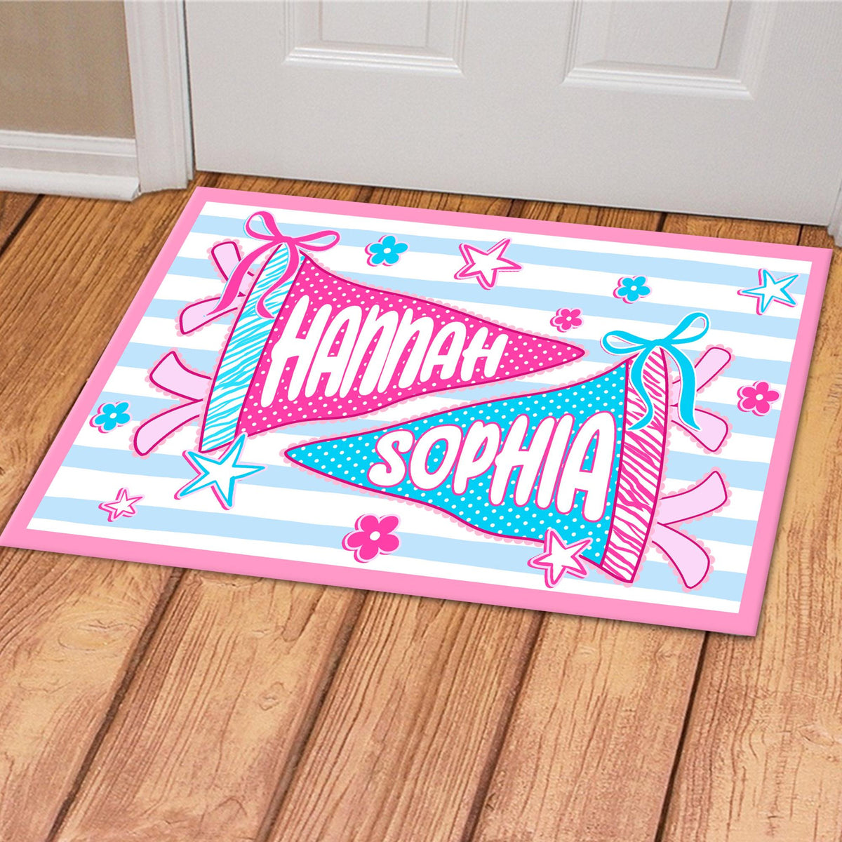 Personalized Pennant Name Dorm Welcome Mat: Preppy Bow Dorm Decor For College Girl, Best Roommate Gift, Stripped Apartment Decor For Bestie