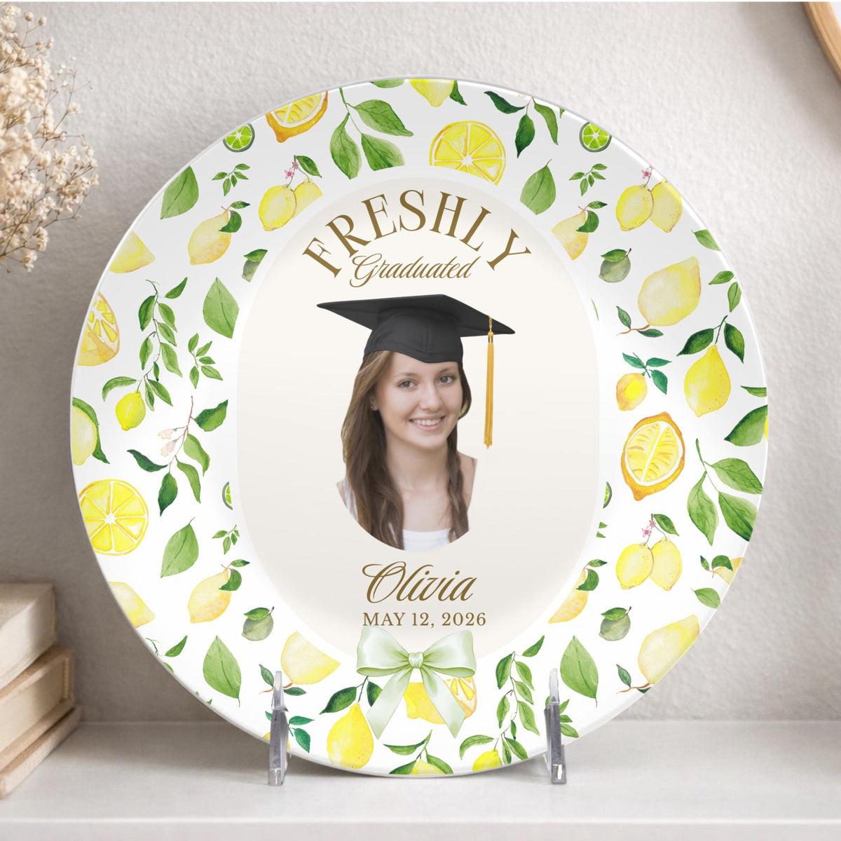 Lemon Graduation Party Decor, Freshly Graduated Plate, Citrus Grad Party Plate Pastel Lemon Table Decor, Summer Graduation Photo Prop Cus