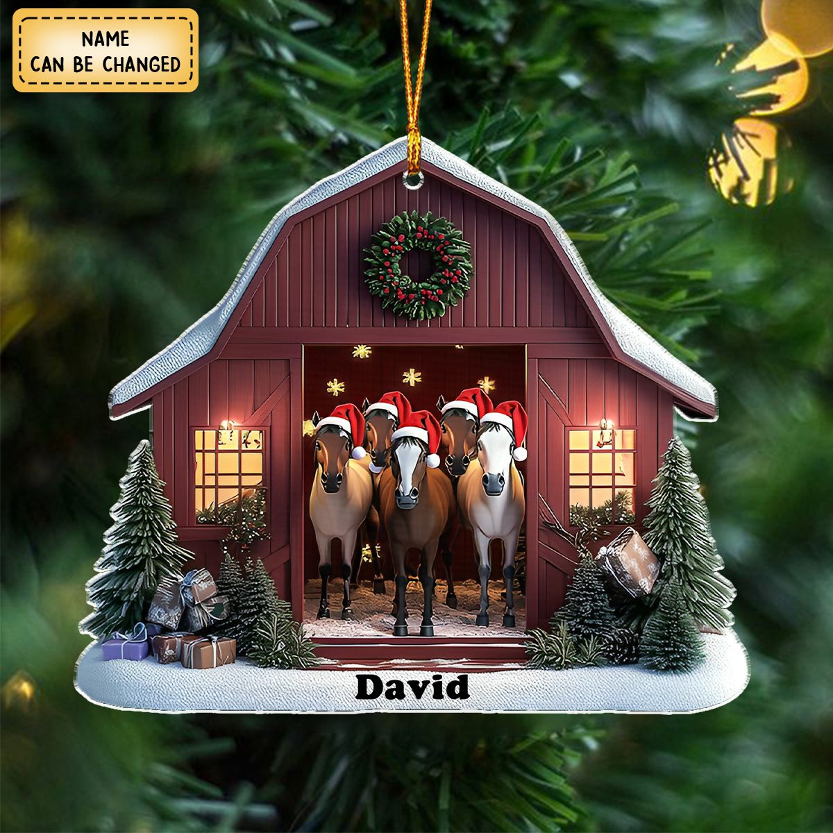 Christmas Horse Barn - Personalized Shaped Ornament - Gift For Farmhouse, Horse Lover
