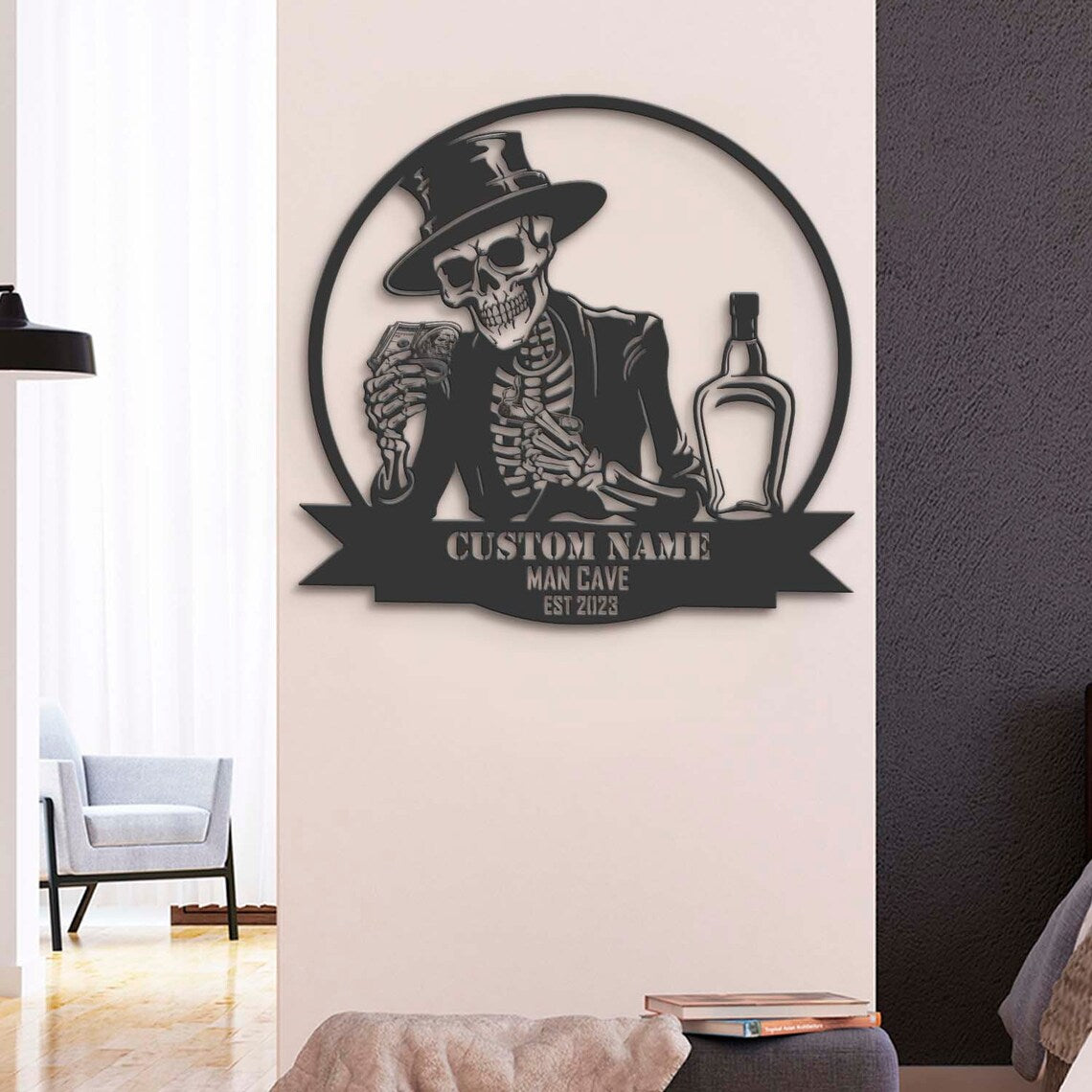 Custom Skeleton Bourbon Cigar Dollars Metal Wall Art LED Light, Personalized Whiskey Bar Pub Name Sign Decor, Man Cave Halloween Decoration