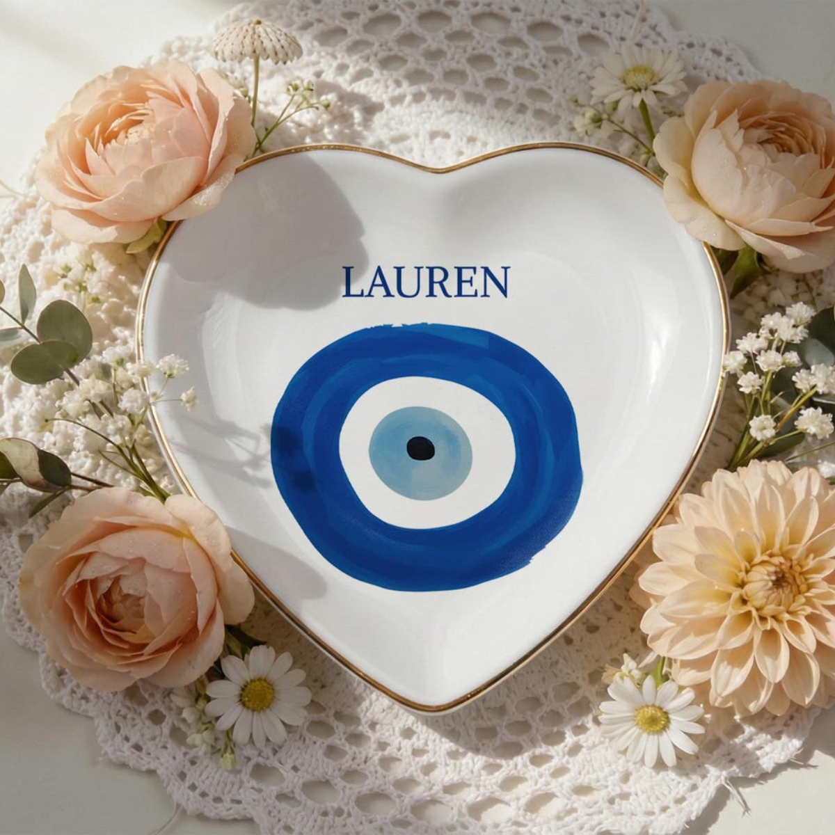 Custom Evil Eye Ring Dish, Personalized Jewelry Tray with Name, Gold Rim Trinket Dish, Protection Charm Gift, Custom Name Good Luck Charm