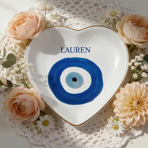 Custom Evil Eye Ring Dish, Personalized Jewelry Tray with Name, Gold Rim Trinket Dish, Protection Charm Gift, Custom Name Good Luck Charm