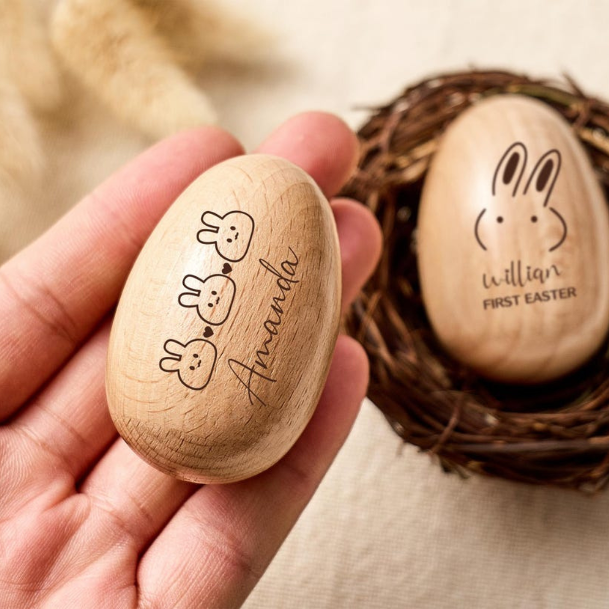 Personalized Easter Wooden Egg Shakers for Toddlers, Engraved Musical Wooden Egg, Easter Gift for Boy Girl, Kids Hand Instrument, Baby Rattle