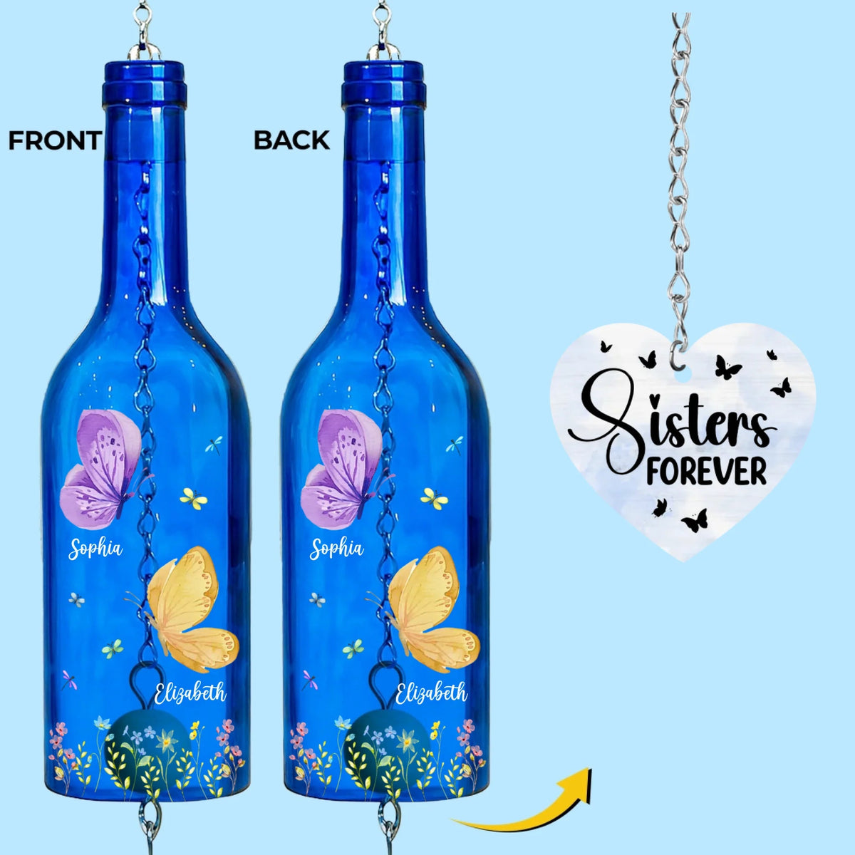 Sisters Birth Month Butterflies - Personalized Wine Bottle Wind Chime - Birthday Gift For Sisters, Besties