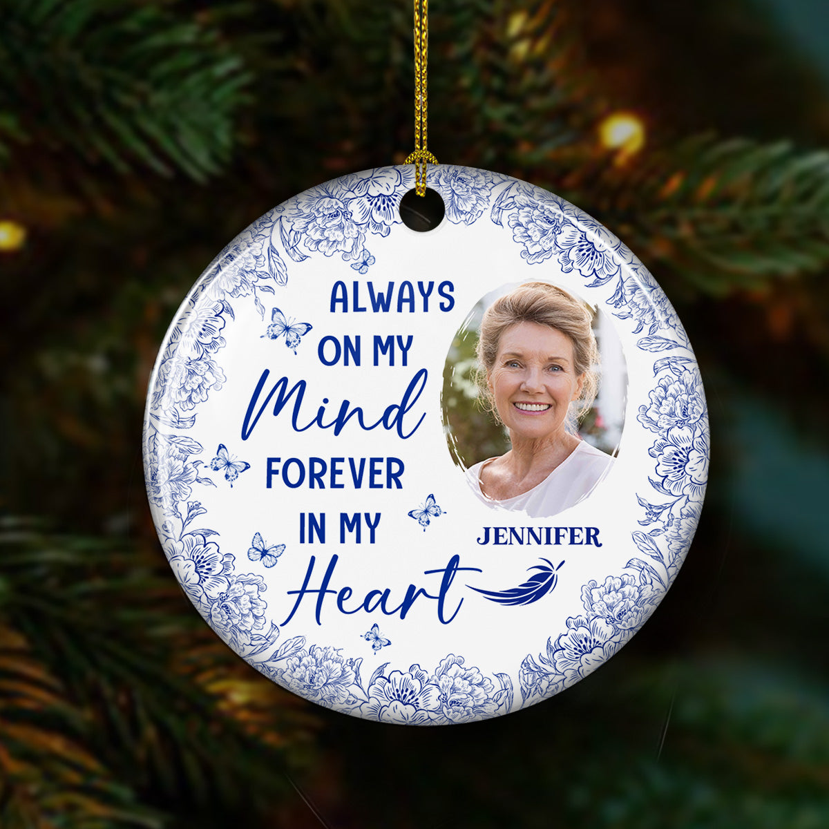 Always On My Mind Blue Toile - Personalized Ornament - Memorial Gift