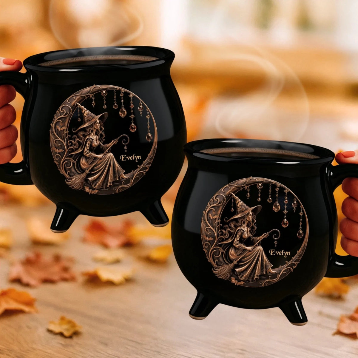 Moonlit Magic Witch - Personalized Halloween Black Ceramic Witch Mug - Halloween Gift For Family, Sisters, Friends, Siblings
