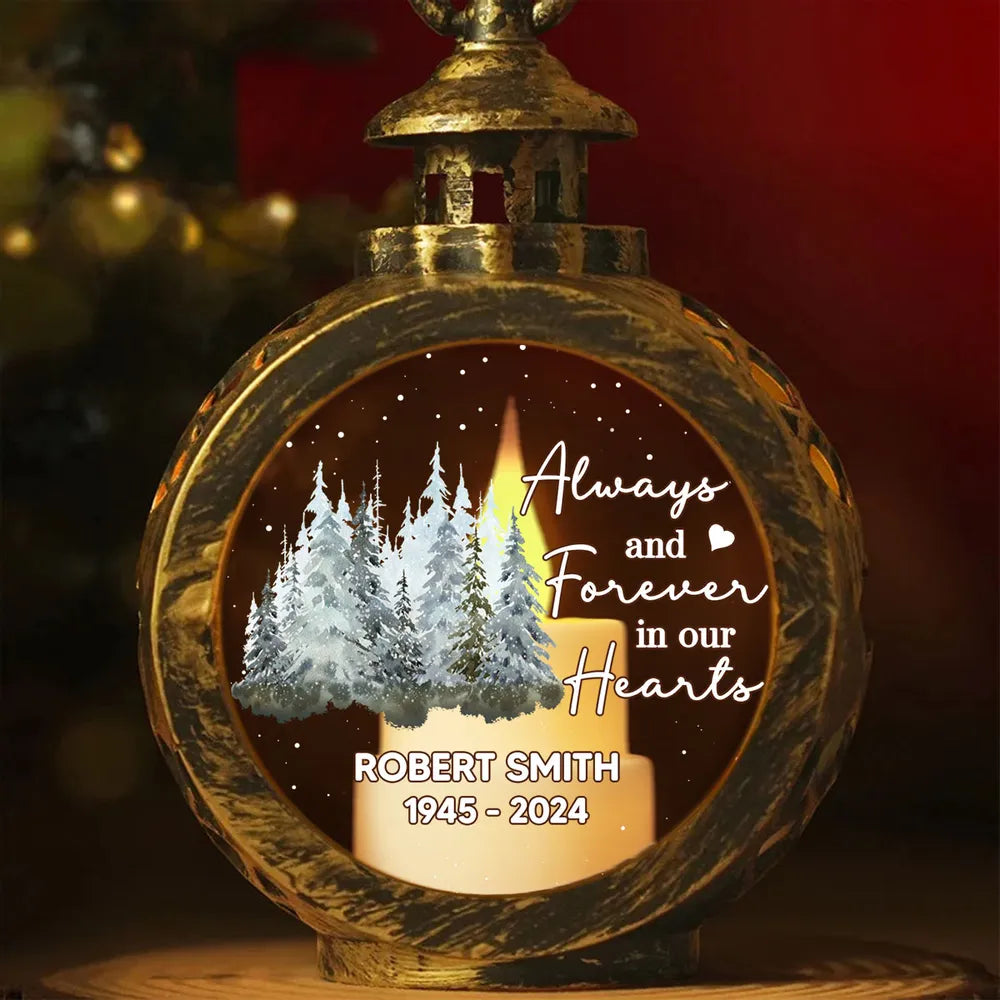 Always And Forever In Our Hearts - Personalized Christmas Lantern LED Flameless Candle - Memorial Christmas Gift For Family