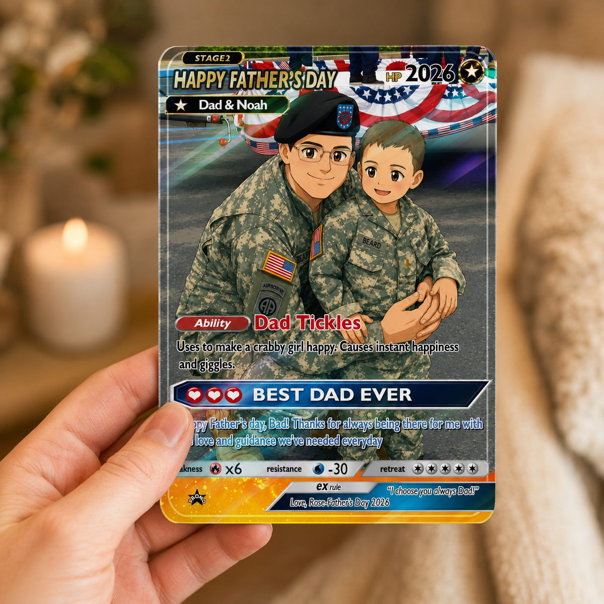 Custom Poke Card for Dad, Card For Soldier Dad, Personalized Father s Day Anime Gift, Holographic Trading Card for Him