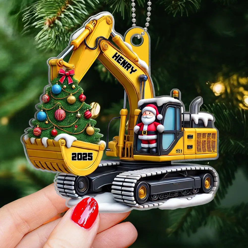 Personalized Xmas Excavator Construction Backhoe 3D Effect Ornament, Xmas Gift For Kids