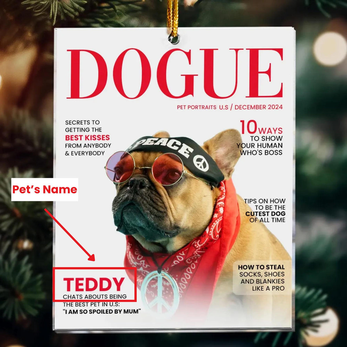 Personalized Pet Christmas Ornament, Custom Dogue Magazine Ornament, Personalized Dog Acrylic Photo Ornament, Pet Lovers, Christmas Gifts