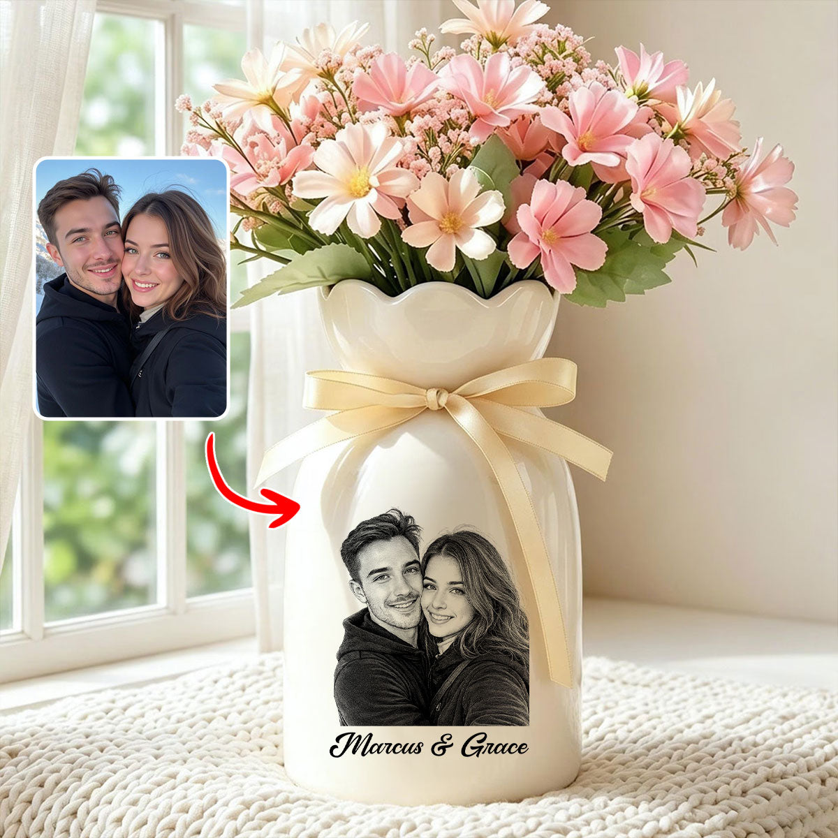 Custom Line Portrait Flower Vase, Personalized Ceramic Flower Vase with Couple Photo Drawing, Wedding Anniversary