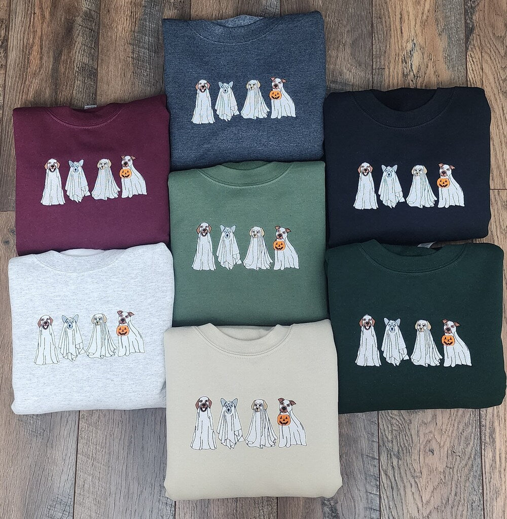 Ghost Dogs Halloween Embroidery Sweatshirt, Halloween Ghost Dogs Embroidered Unisex Sweatshirt