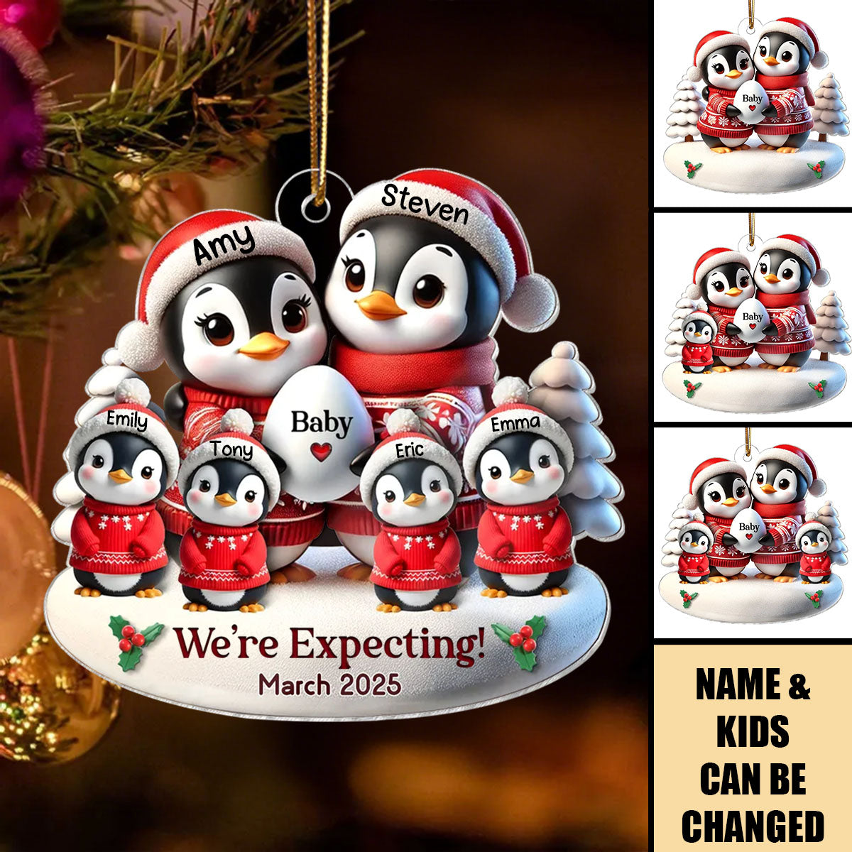 Cute Penguin Couple Expecting Parents Pregnancy - Personalized Acrylic Ornament - Christmas Gift For Family, Baby Announcement