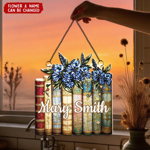 Birth Flower Reading Book Stack Personalized Suncatcher Stained Glass - Gift For Book Lovers