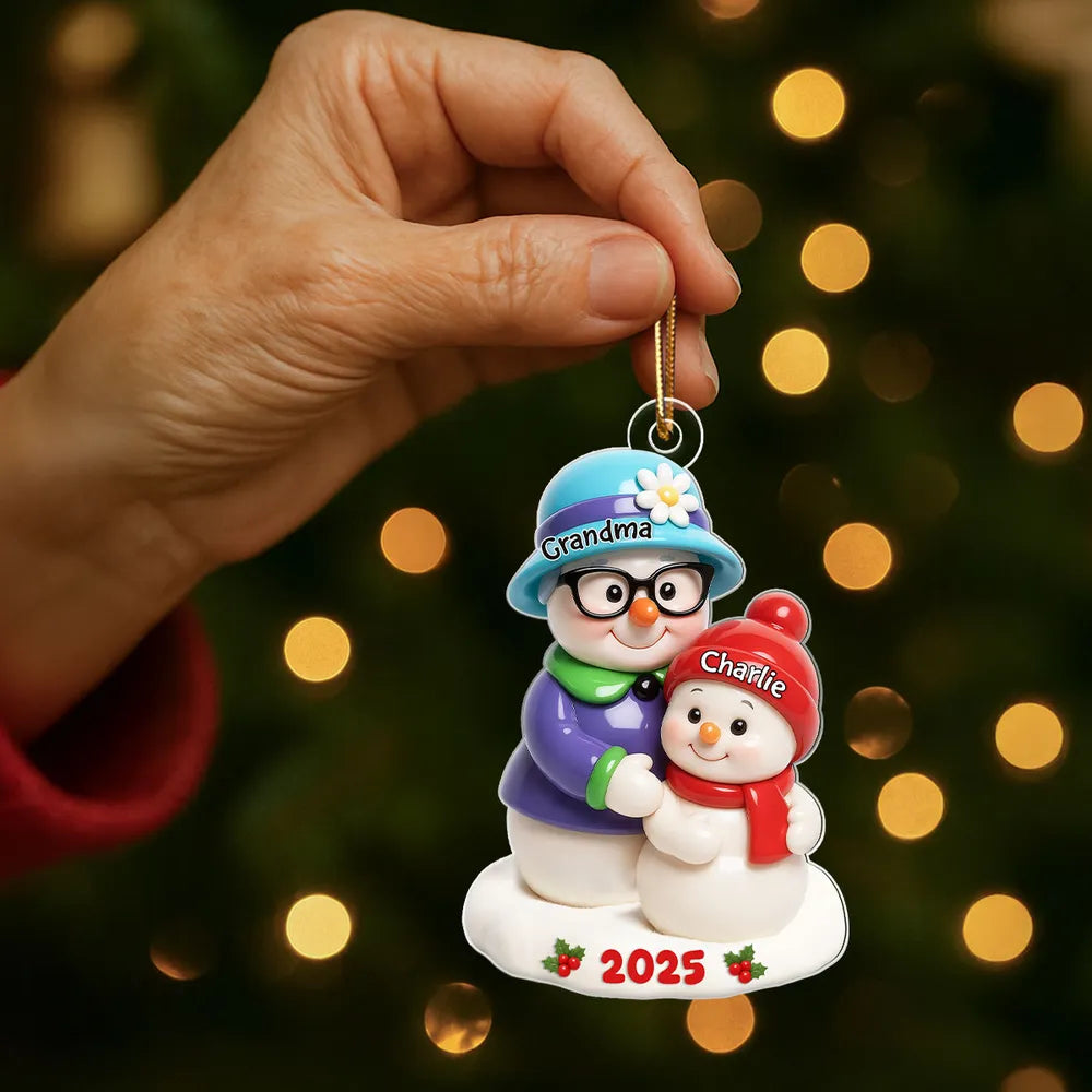 Snowman Grandma Hugging Grandkids 3D Effect - Personalized Acrylic Ornament - Christmas Gift For Grandma