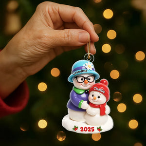 Snowman Grandma Hugging Grandkids 3D Effect - Personalized Acrylic Ornament - Christmas Gift For Grandma
