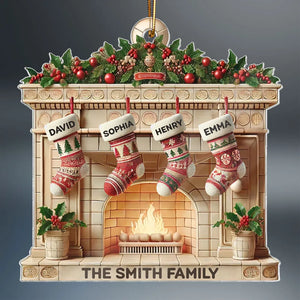 Christmas Retro Fireplace 3D Efect Family Christmas Stockings On Mantel Ornament, Christmas Gift For Family, Keepsake Ornament