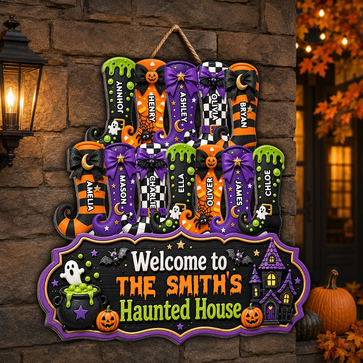 Whimsical Halloween Welcome To Grandma Grandpa Haunted House Witch Boots - Personalized Wood Sign - Halloween Decoration For Grandparents