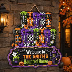 Whimsical Halloween Welcome To Grandma Grandpa Haunted House Witch Boots - Personalized Wood Sign - Halloween Decoration For Grandparents