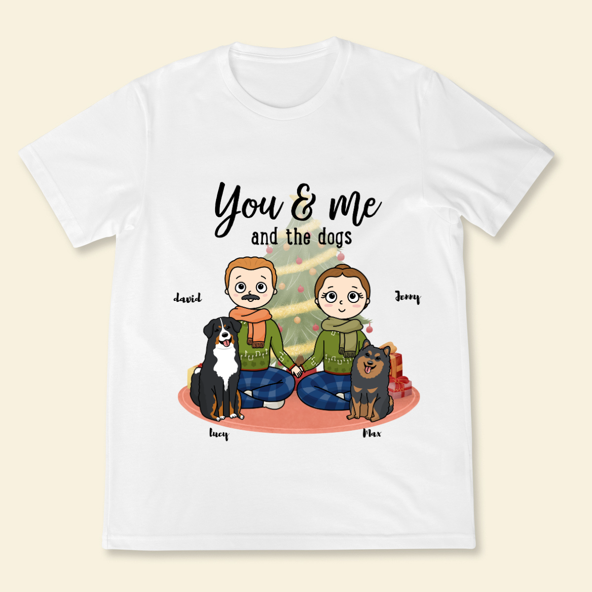 You, me & the dogs Christmas Tree Personalized T Shirt Christmas Gift For Dog Lovers Custom Dog Breed Dog Dad Dog Mom Winter Season Gift