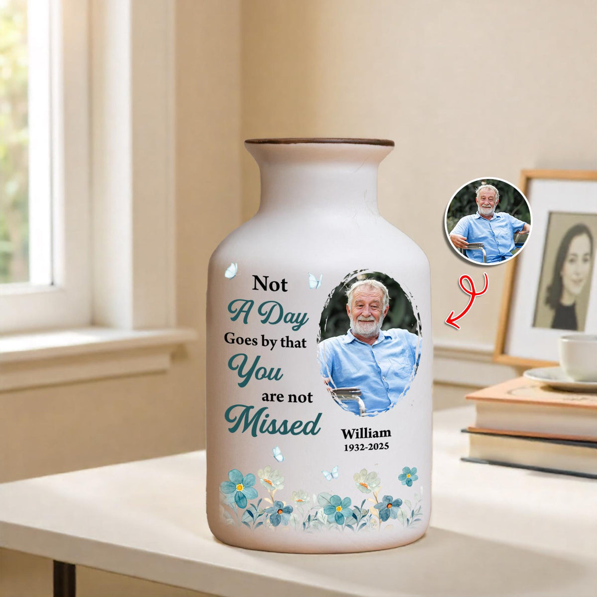 Not A Day Goes By That You Are Not Missed, Personalized Memorial Flower Vase with Photo, Custom Remembrance Vase Keepsake