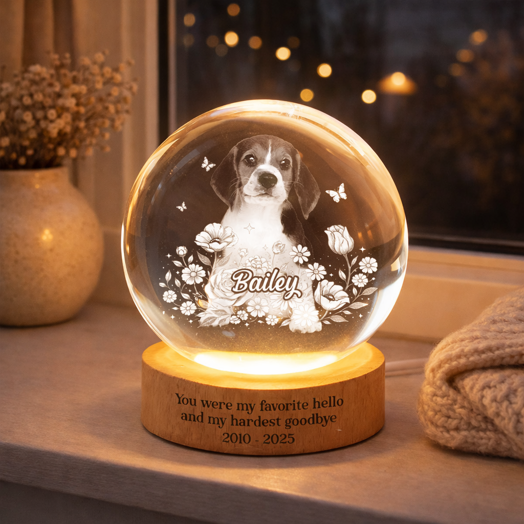 Custom Pet Portrait - Personalized Crystal Ball LED Night Light - Heartfelt Gift for Pet Lovers, Memorial Gift, Pet Remembrance