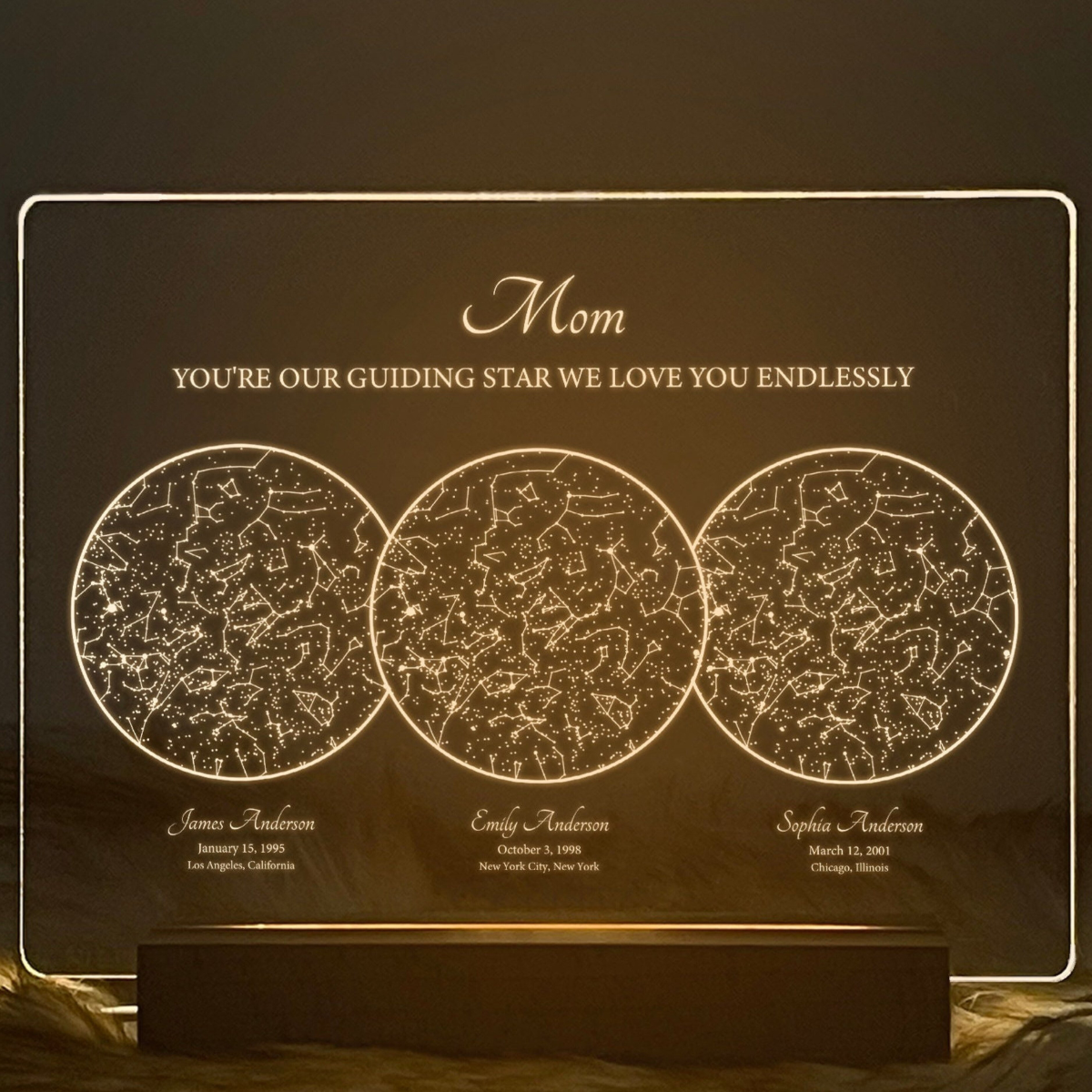 Night Sky By Date Mom & Kids - Personalized 3D LED Light Wooden Base - Gift For Mom, Mother's Day Gift