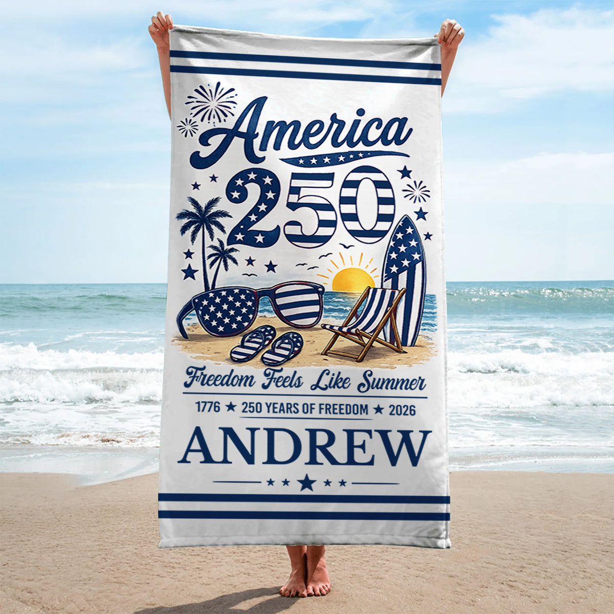 Custom Beach Towel - Personalized America 250th Anniversary, Summer Vacation And Travel Gifts For Mom, Dad, Brother, Sister, Kids - Born Free, Beach Bound