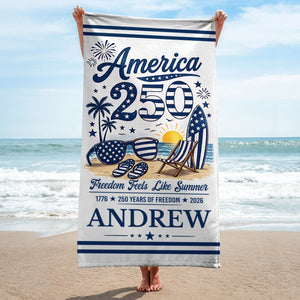 Custom Beach Towel - Personalized America 250th Anniversary, Summer Vacation And Travel Gifts For Mom, Dad, Brother, Sister, Kids - Born Free, Beach Bound