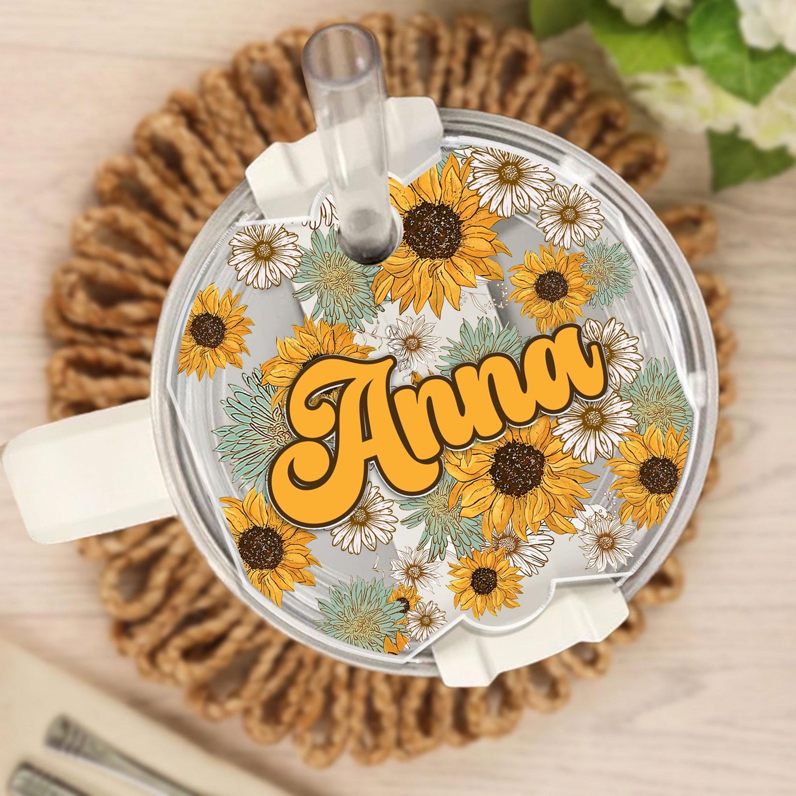 Personalized Sunflower Tumbler Name Tag, 30oz 40oz Tumbler Name Plate Topper, Custom Name Sunflower Tag, Accessories Gifts
