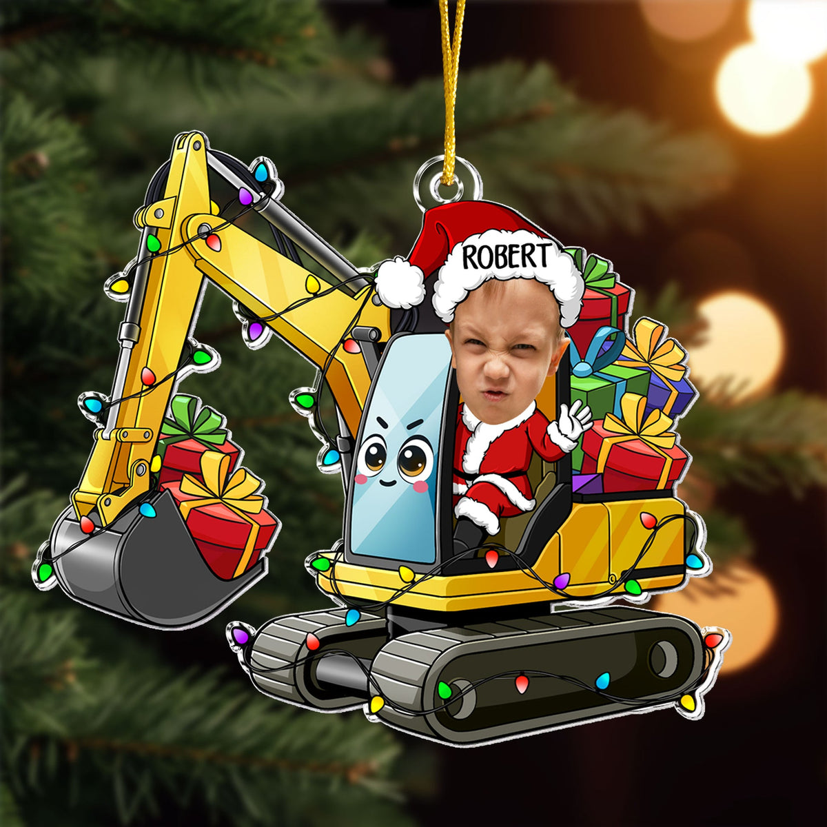 Custom Kid Face Cartoon Excavator - Personalized Acrylic Shaped Ornament - Christmas Gift For Kids