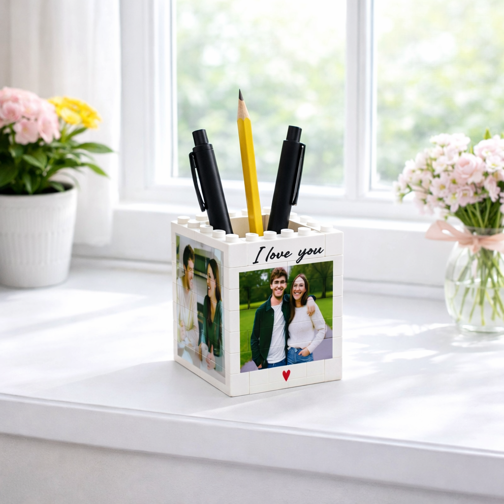 Personalized Couple Brick Photo Pencil Pot Custom Photo Gift for Couples, Anniversary or Valentines Day Gift
