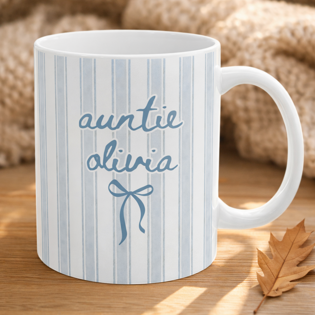 Custom Name Auntie Mug: Baby Announcement Striped Coffee Cup for New Aunt, Personalized New Aunt Gift, Aunt Birthday Gift, Pregnancy Reveal