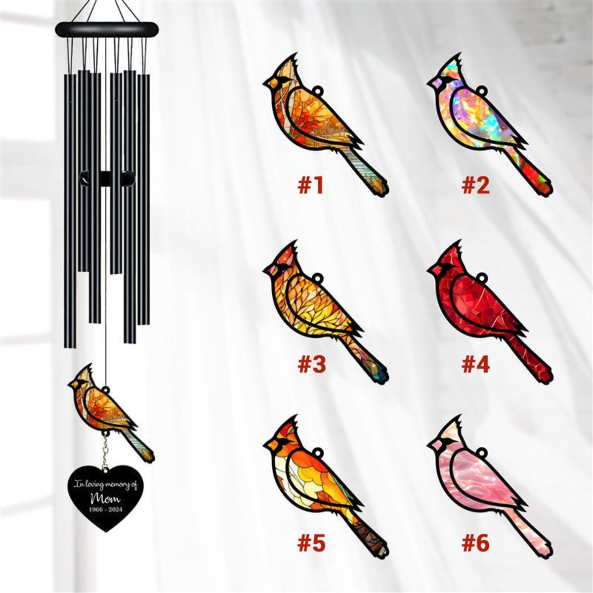 Personalized Memorial Wind Chime, Cardinal Wind Chime, Red Bird Suncatcher Wind Chime, In Loving Memory, Family Gift, Love Family