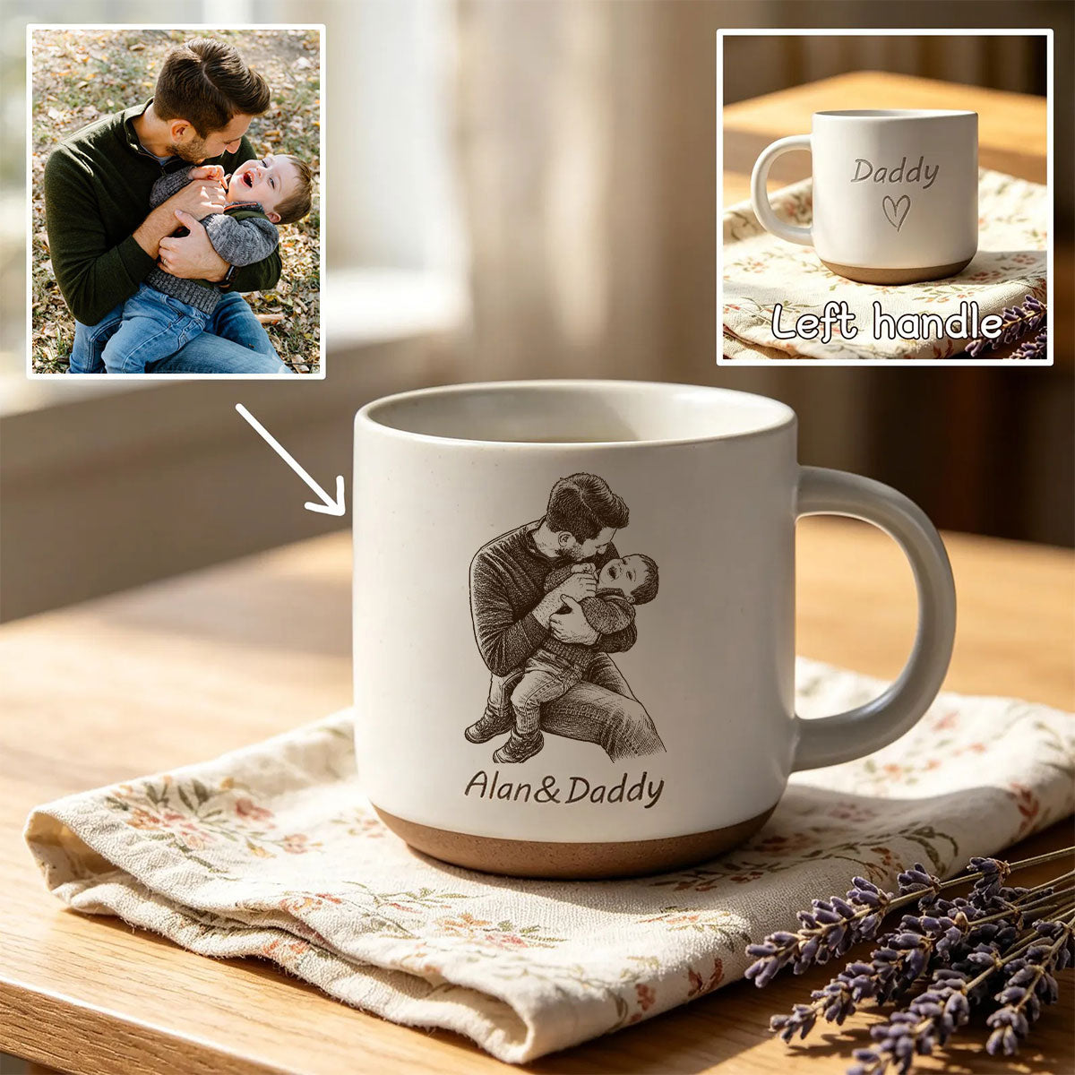 Pencil Sketch Engraved Design - Pottery Coffee Mug for Dad/Husband/Mom, Father's Day Gift
