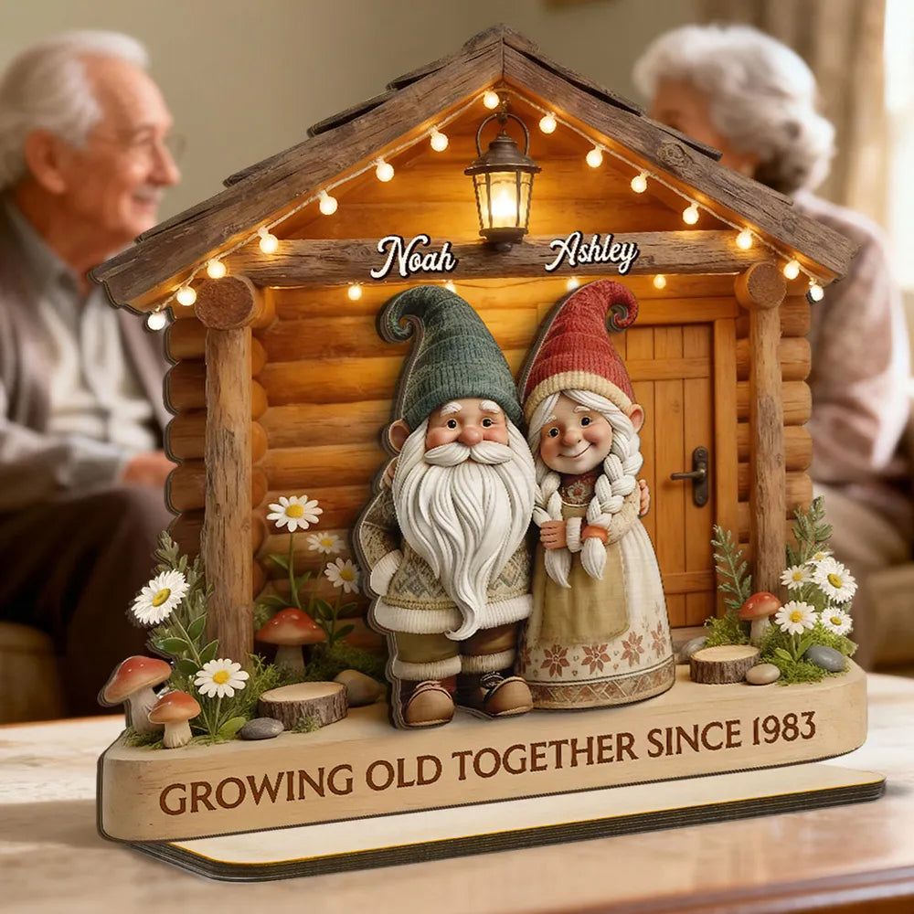 Eternal Love Gnome Couple At Wooden Cabin - Personalized Wooden Plaque - Heartfelt Gift For Couple
