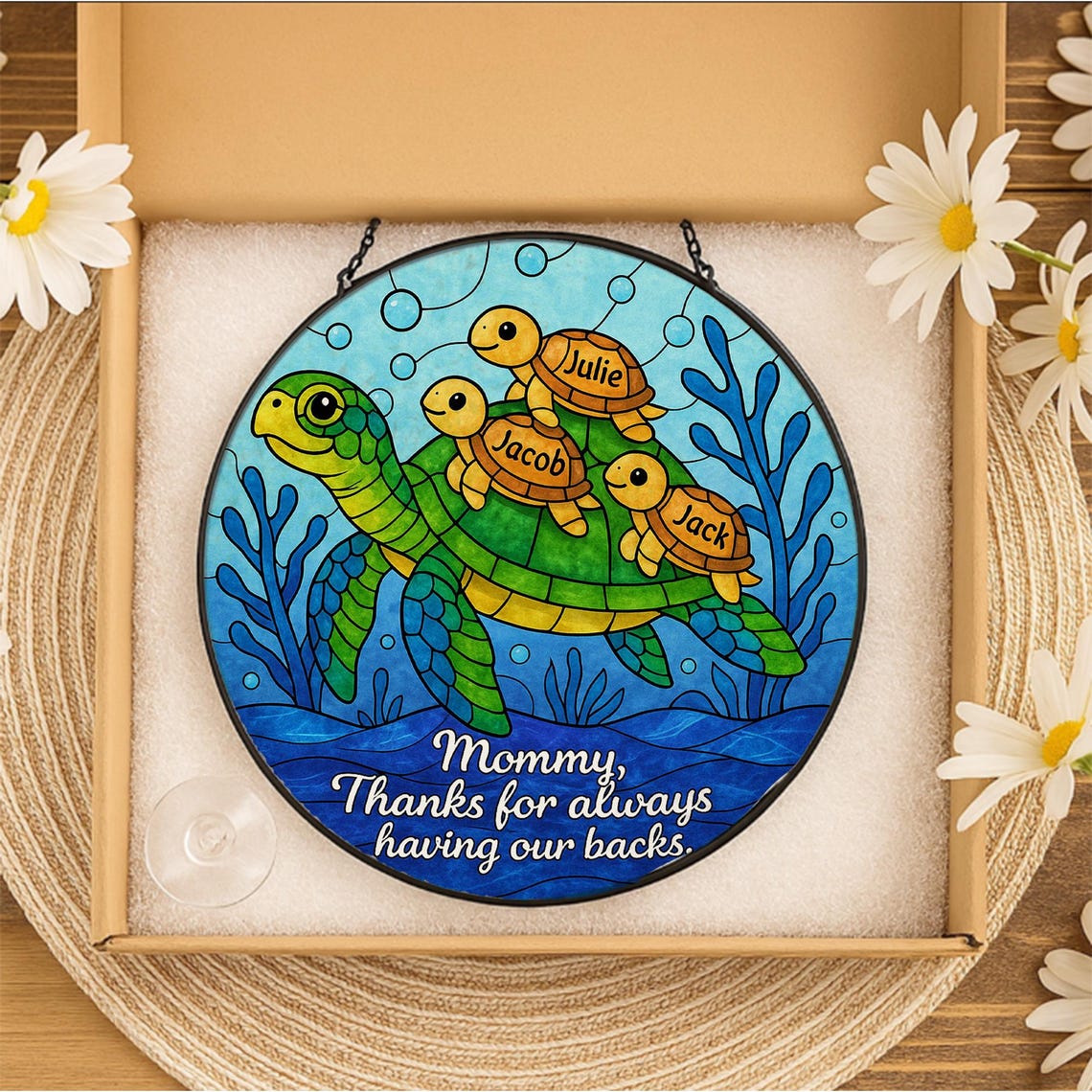 Custom Turtle Family Glass Suncatcher Gift for Mom on Mother s Day, Personalized Sea Turtle Window Decor with Kids Names