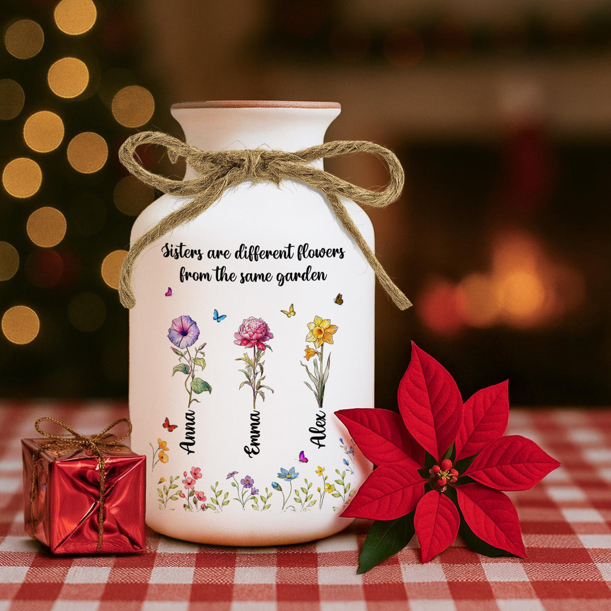 Sisters Are Different Flowers From Same The Garden, Personalized Ceramic Flower Vase, Custom Birth Flowers Family Gift