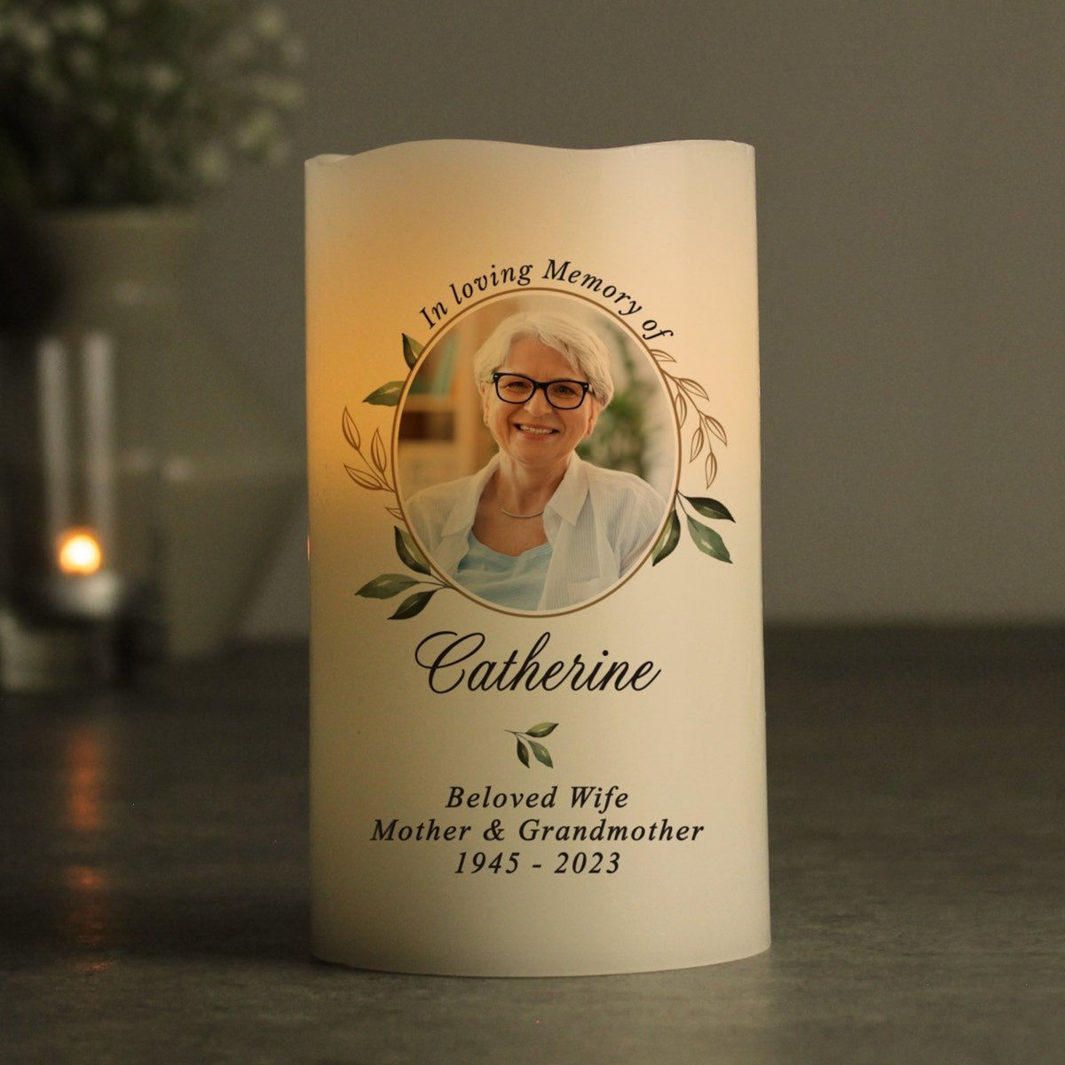 In Loving Memory Botanical Custom Photo - Custom LED Flameless Candle - Memorial Gift For Family