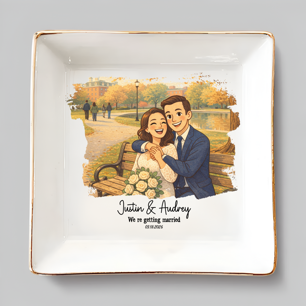 Personalized Proposal Photo Jewelry Dish - Custom Semi-Realistic Cartoon Illustrated Engagement Keepsake Ring Tray with Names & Engaged Date