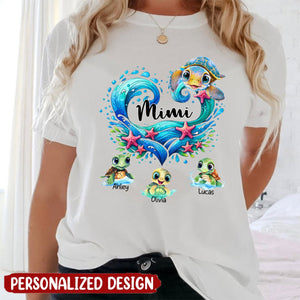 Sea Turtle Grandma With Cute Grandkids Custom Photo - Personalized Shirt - Gift For Grandma, Mother's Day, Birthday Gift