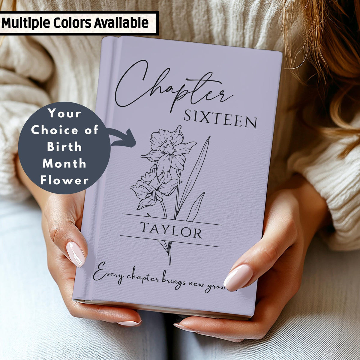 16th Birthday Gift, Chapter 16 Name Journal, Birth Month Flower Notebook, Personalized 16 Years Old Birthday Present for Her or Him