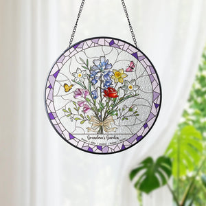 Personalized Birth Flower Stained Glass Suncatcher with 3D Raised Detail, Family Bouquet Window Hanging, Mothers Day Gift for Mom or Grandma