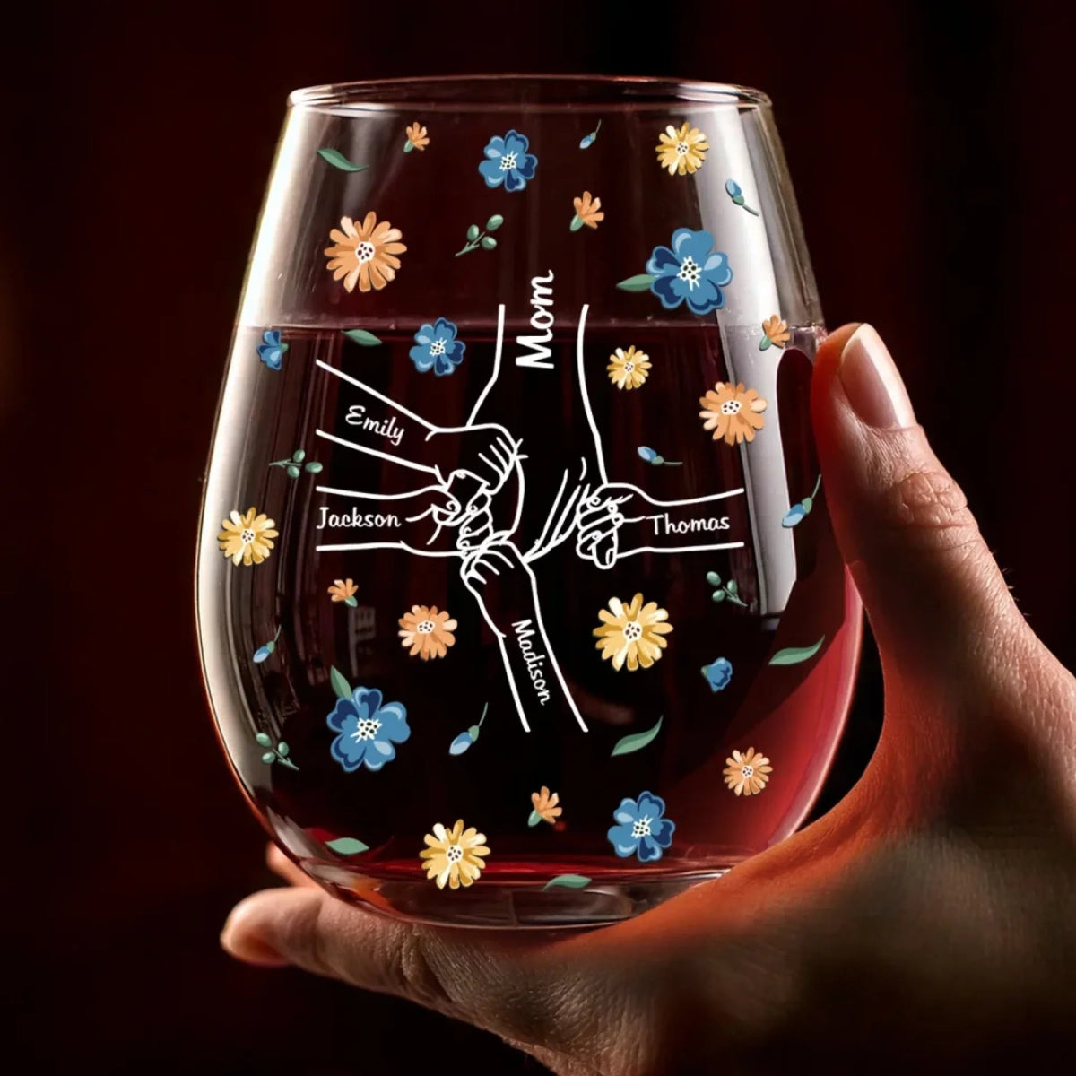 Kid's Hands Held Together By Love - Personalized Wine Glass - Mother's Day, Gift For Mom, Grandma