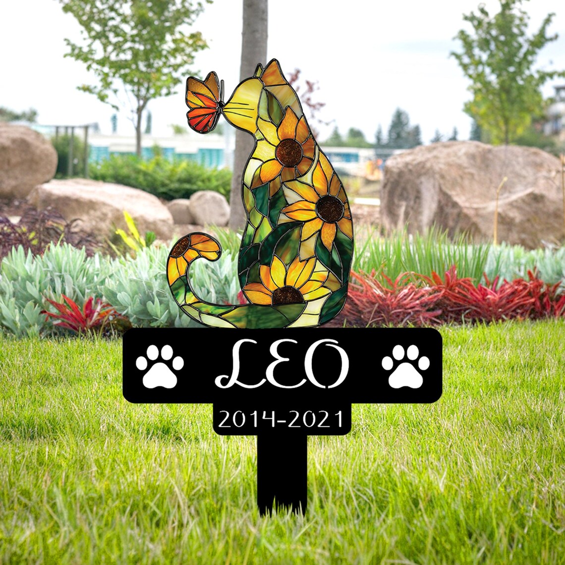 Custom Cat Sunflower Memorial Stake, Personalized Cat Grave Marker, Flat Cat Garden Stake, Pet Remembrance Sign, Cat Loss Sympathy Gift